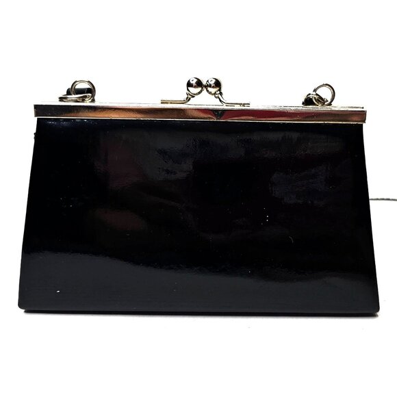 Vintage Black Patent Clutch Purse Gold Frame Kiss Lock - Picture 3 of 10